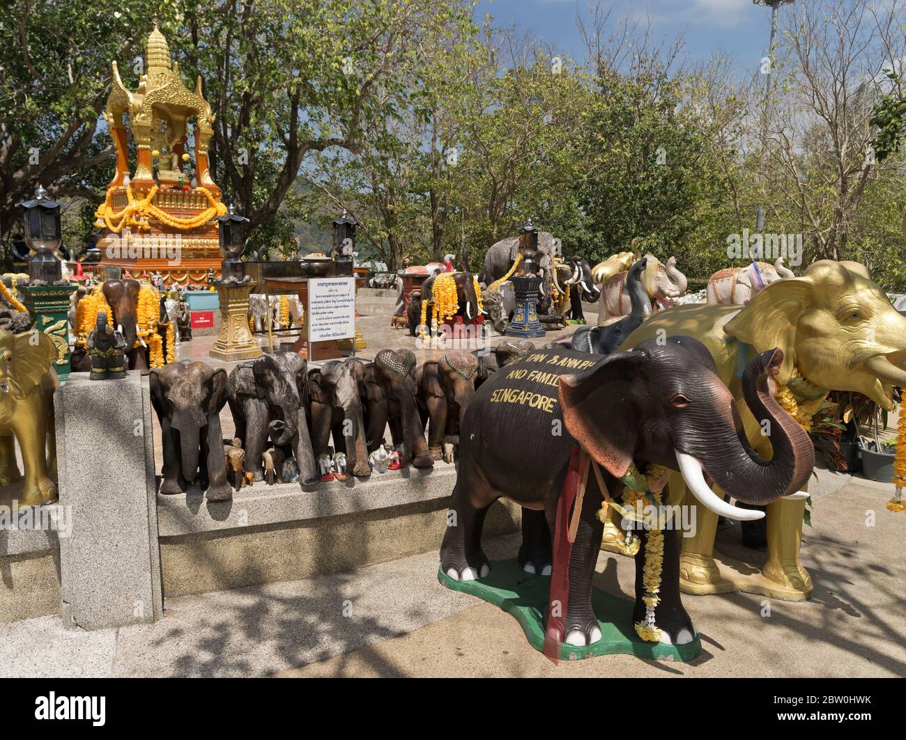 dh Promthep Cape Phra Prom Area PHUKET THAILAND ASIA Hindu shrine Elephant statues at Brahma hinduism elephants ornaments Stock Photo