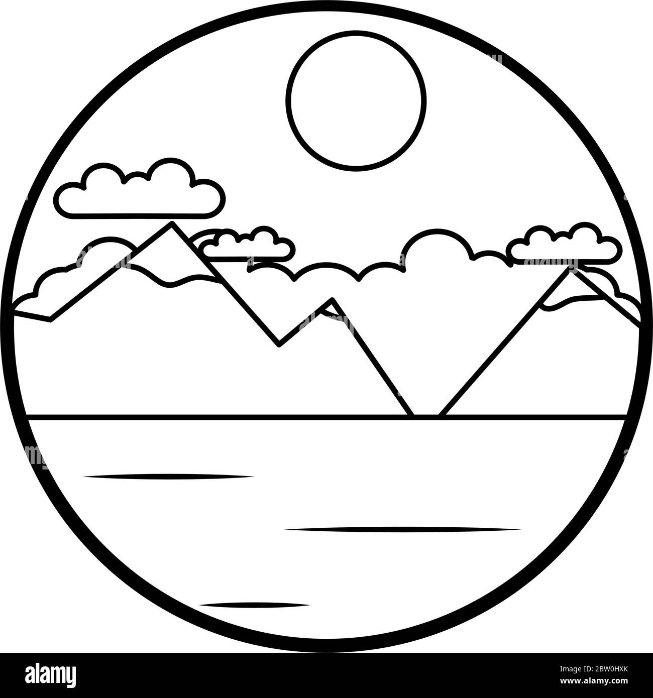 Mountains and sun landscape icon over white background, line style ...