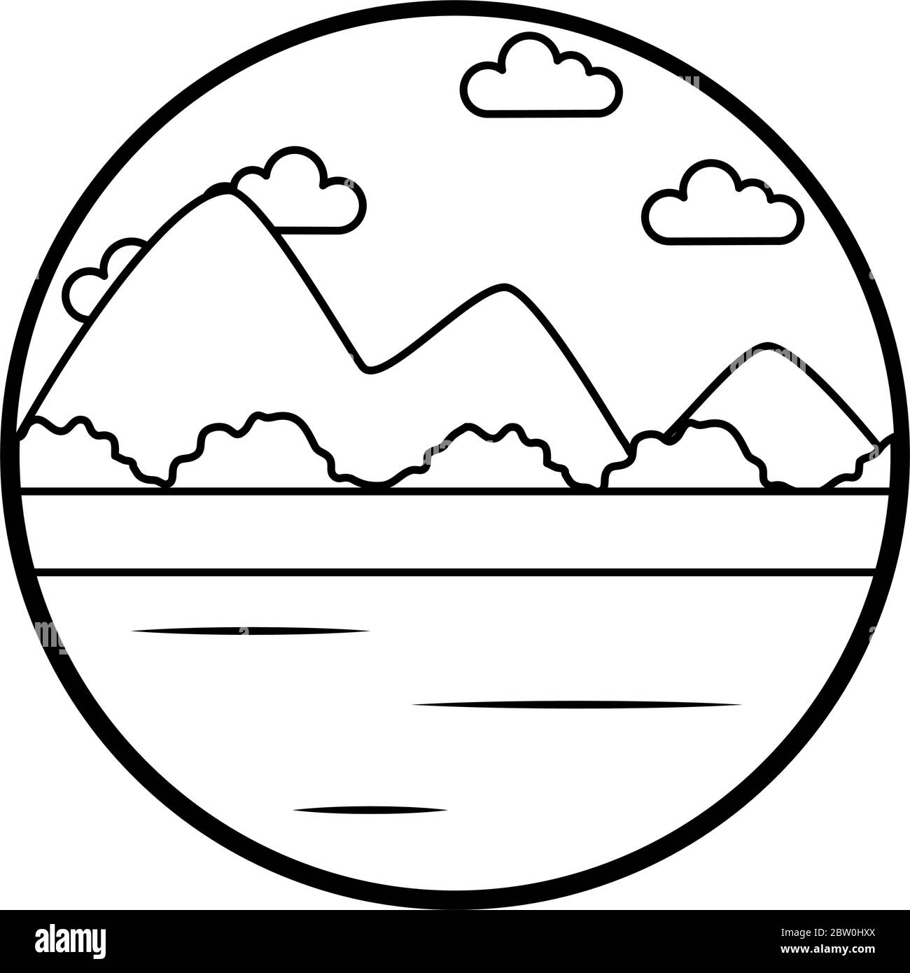 lake and mountains landscape icon over white background, line style ...