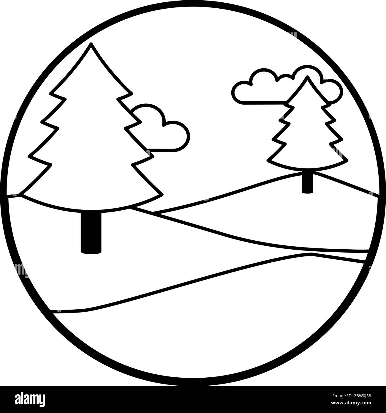 mountains and trees landscape icon over white background, line style ...