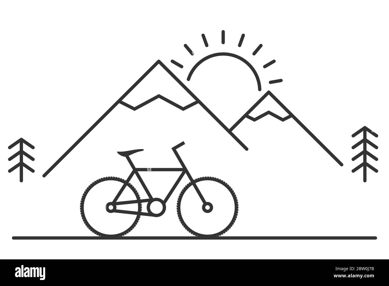 Mountain bike, hills, sun, trees, line icon. Nature tourism, travel, adventure, concept. Outdoor activity mountain biking. Summer holiday. Vector Stock Vector