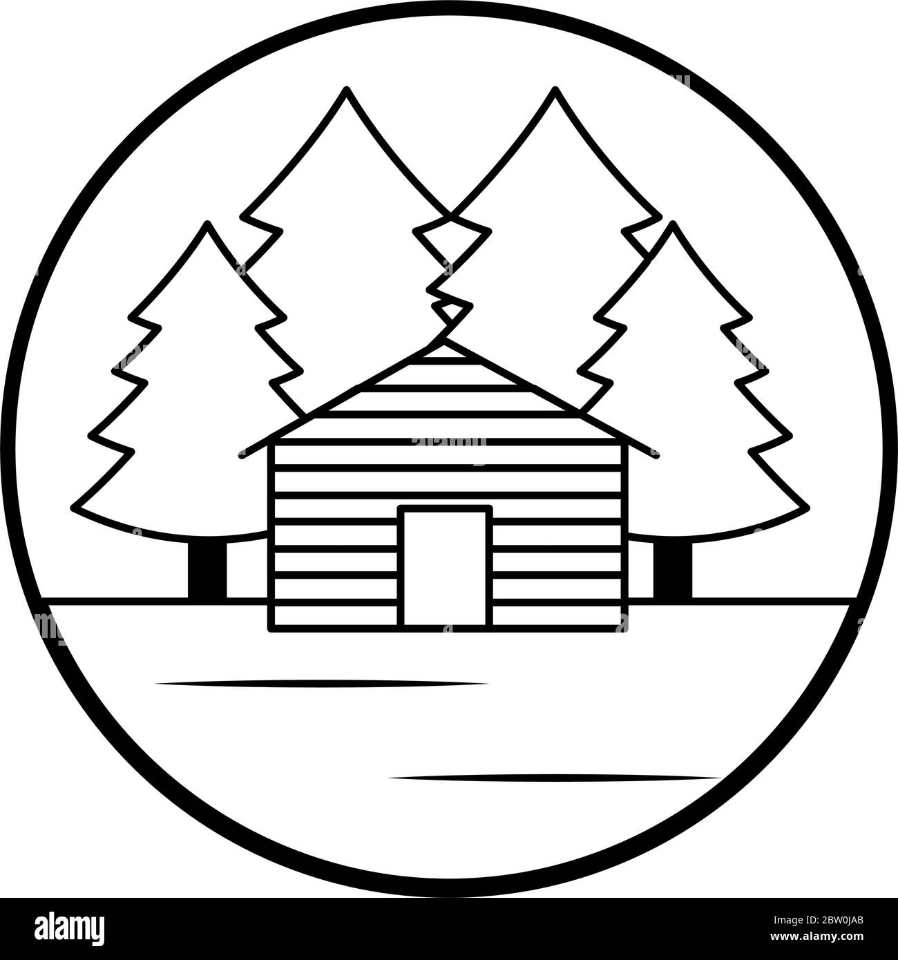 trees and cabin landscape icon over white background, line style ...