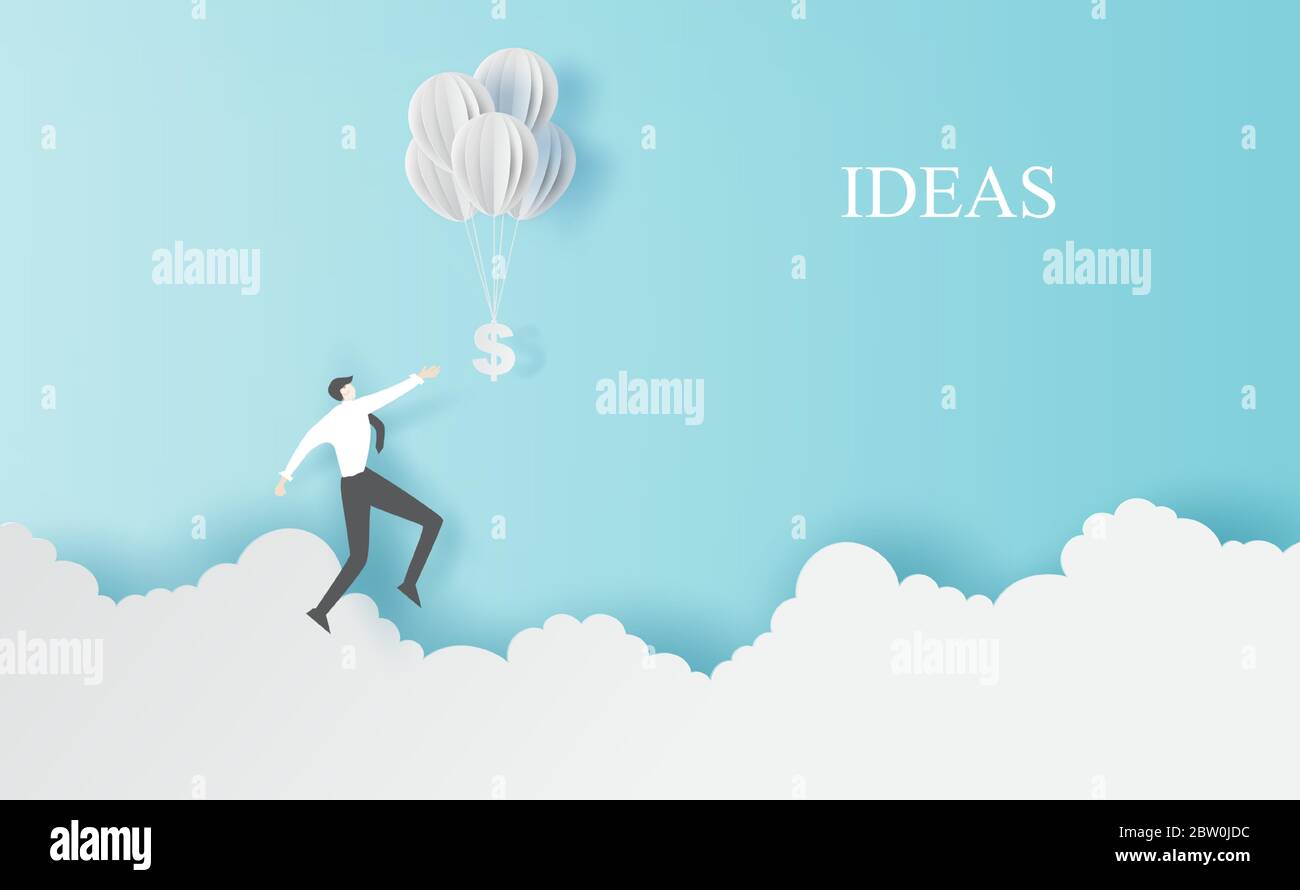 Business man Jump to hold money balloons on clouds sky landscape.Creative  paper cut and craft style.People finance success concept.Graphic minimal  sim Stock Vector Image & Art - Alamy