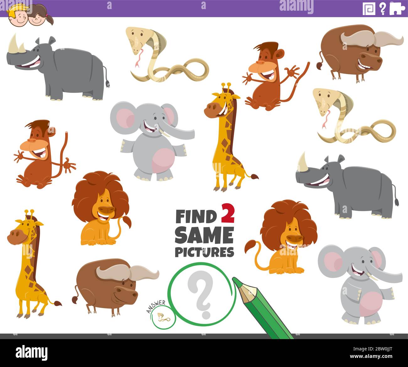 Cartoon Illustration of Finding Two Same Pictures Educational Game for ...