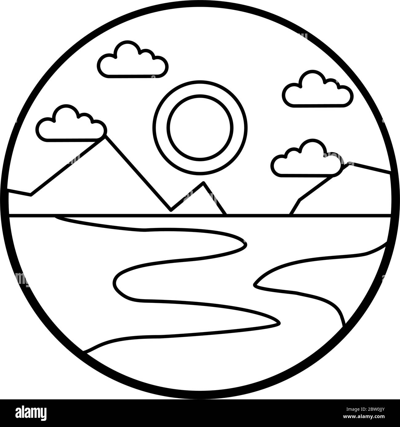 Landscape with river and mountains icon over white background, line ...