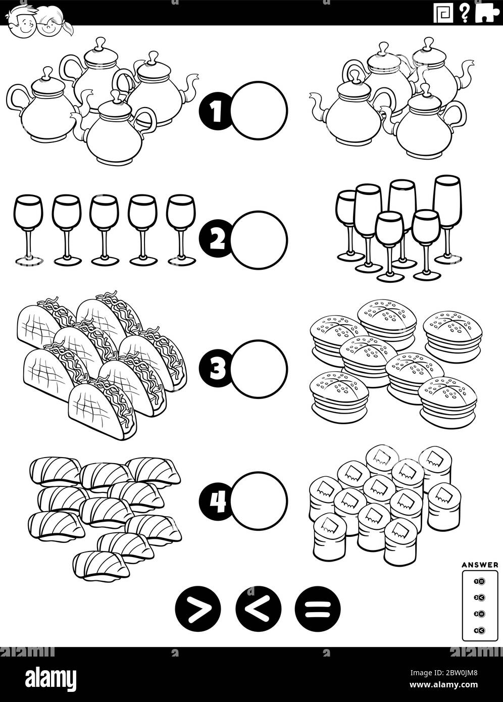 Black and White Cartoon Illustration of Educational Mathematical Puzzle Task of Greater Than, Less Than or Equal to for Children with Food Objests Col Stock Vector