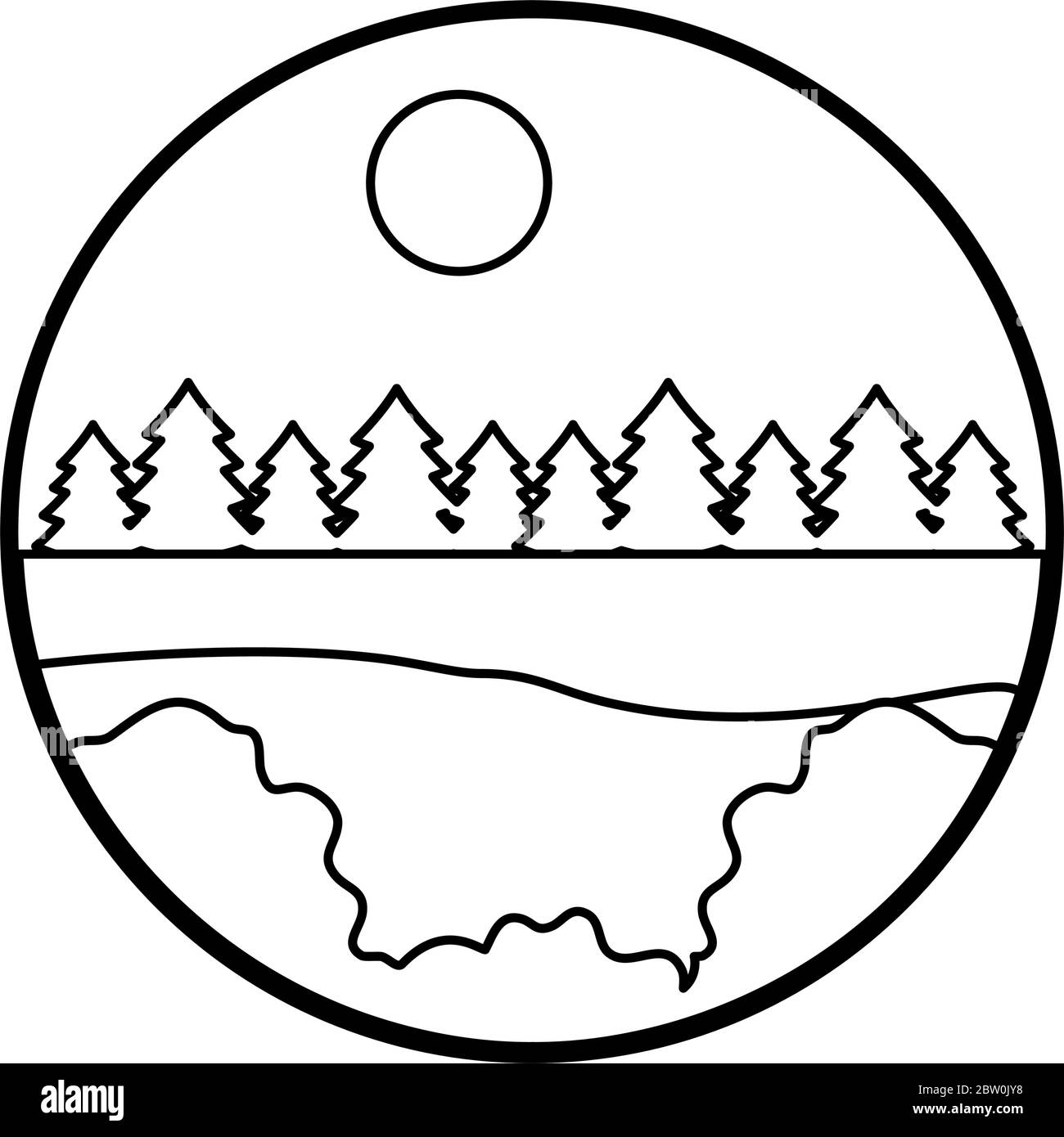 lake and pines landscape icon over white background, line style, vector ...