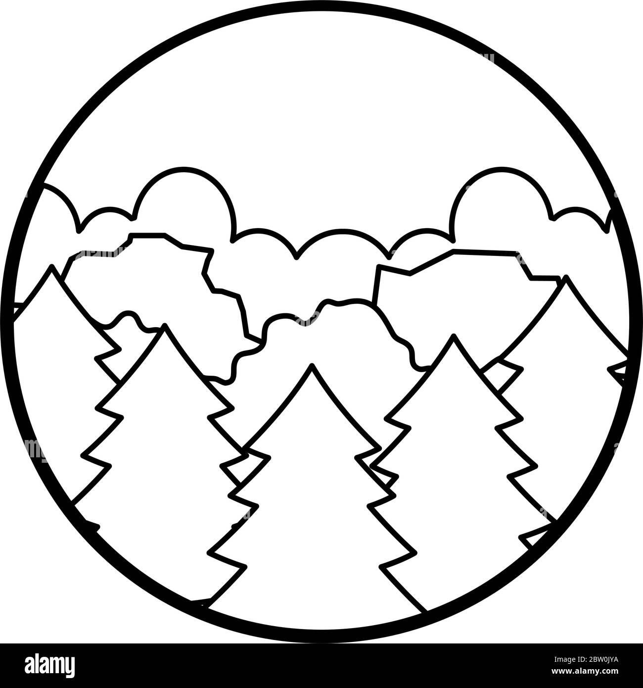 Pines trees, forest landscape icon over white background, line style ...