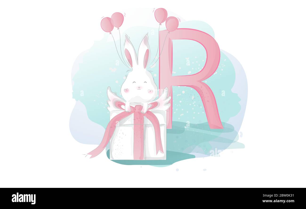 Cute Rabbit Alphabet watercolor painting.Creative simple wildlife ...