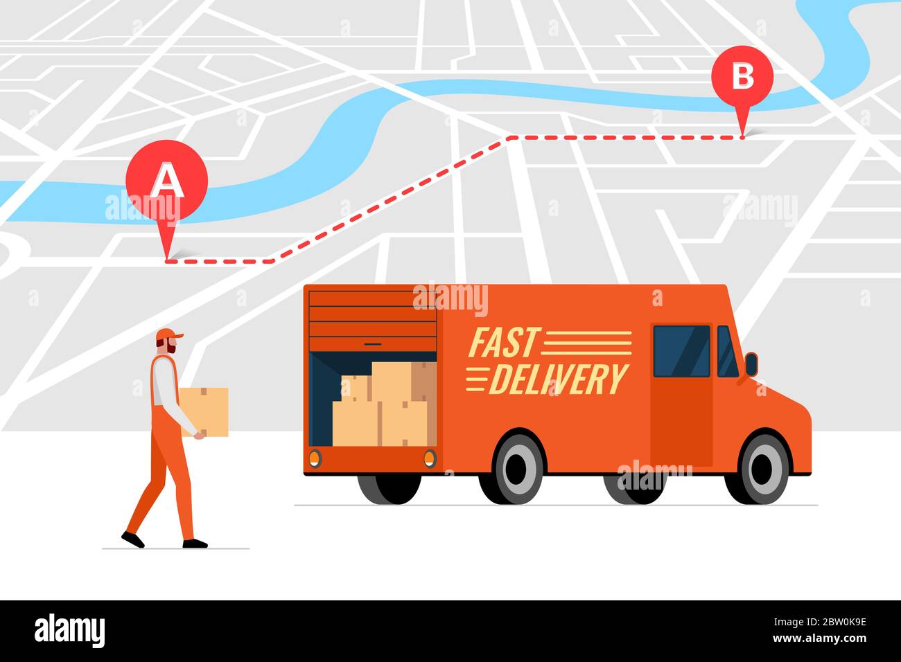 Fast delivery order service and online route tracking on city map concept. Lorry truck and male courier with package box. Express cargo logistics shipping flat vector illustration Stock Vector