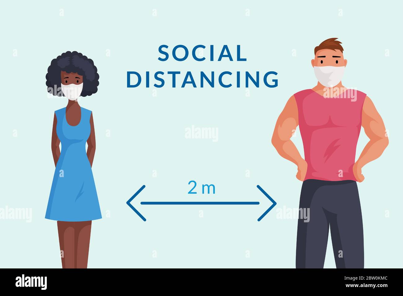 Maintain social distance during quarantine poster template. Man and woman in protective face masks keep social distance 6 feet or 2 meters to prevent virus spread vector flat cartoon illustration. Stock Vector
