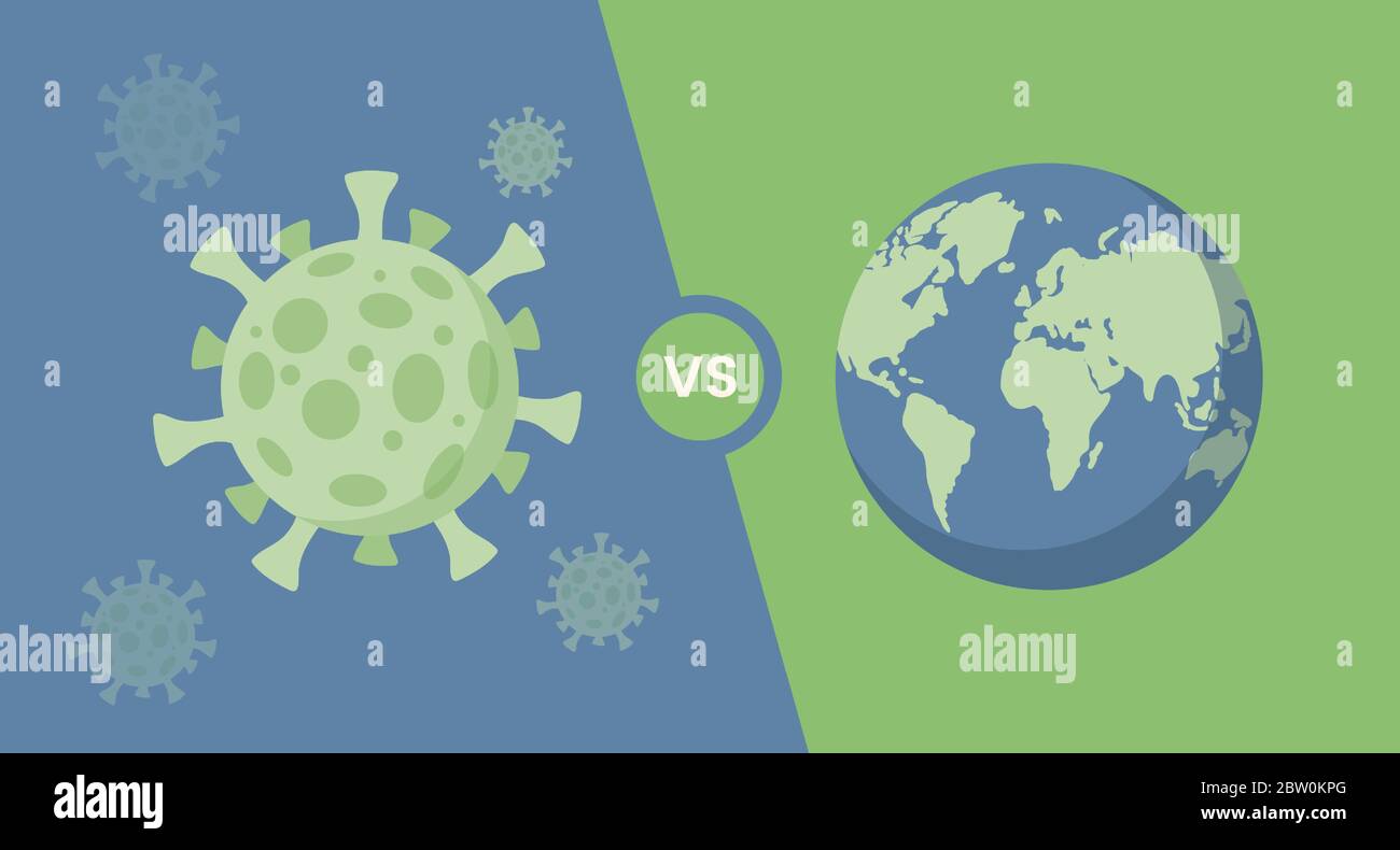 The Earth versus coronavirus cells poster design. Green covid-19 cells and Earth planet vector flat cartoon illustration. Fight and stop the global pandemic of coronavirus banner concept. Stock Vector