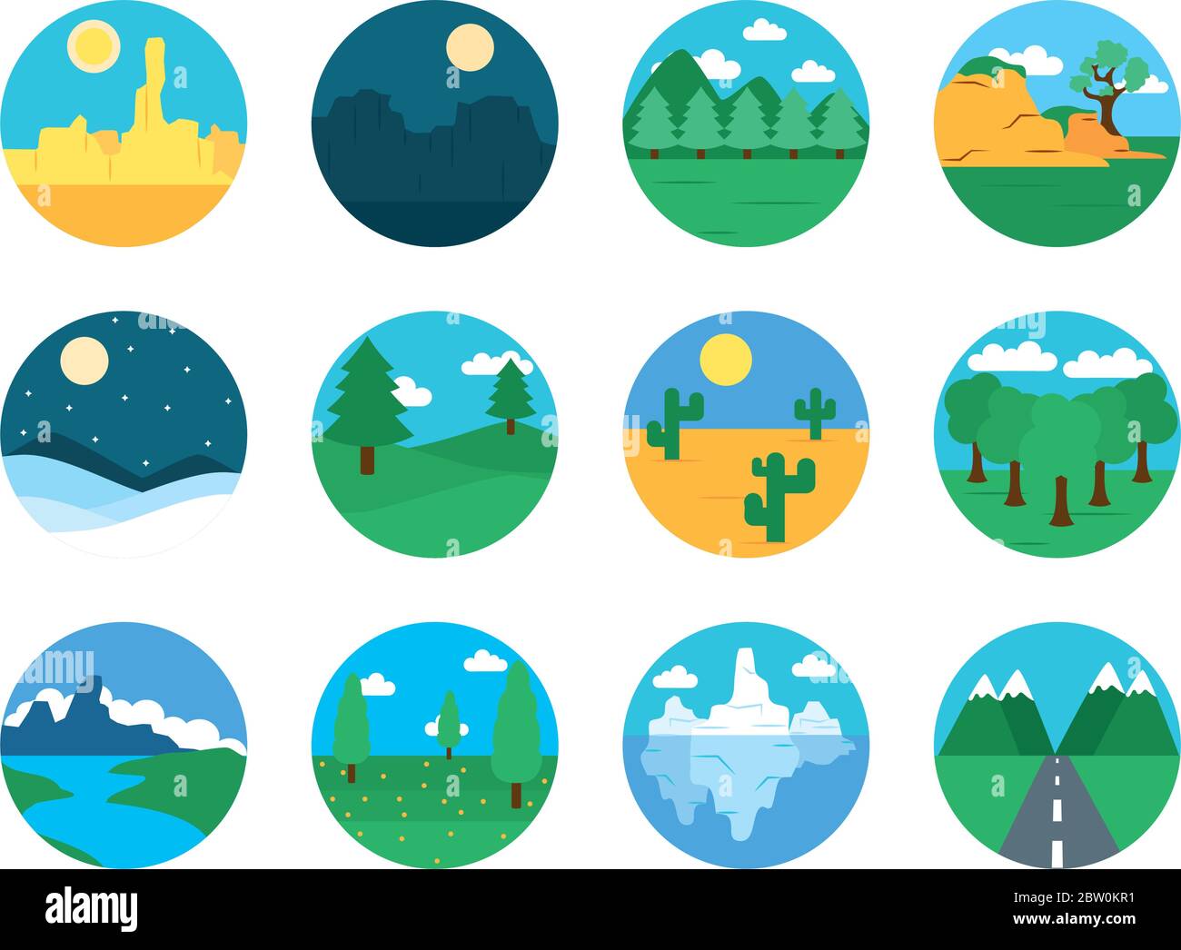 mountains and Landscapes icon set over white background, flat style, vector illustration Stock Vector