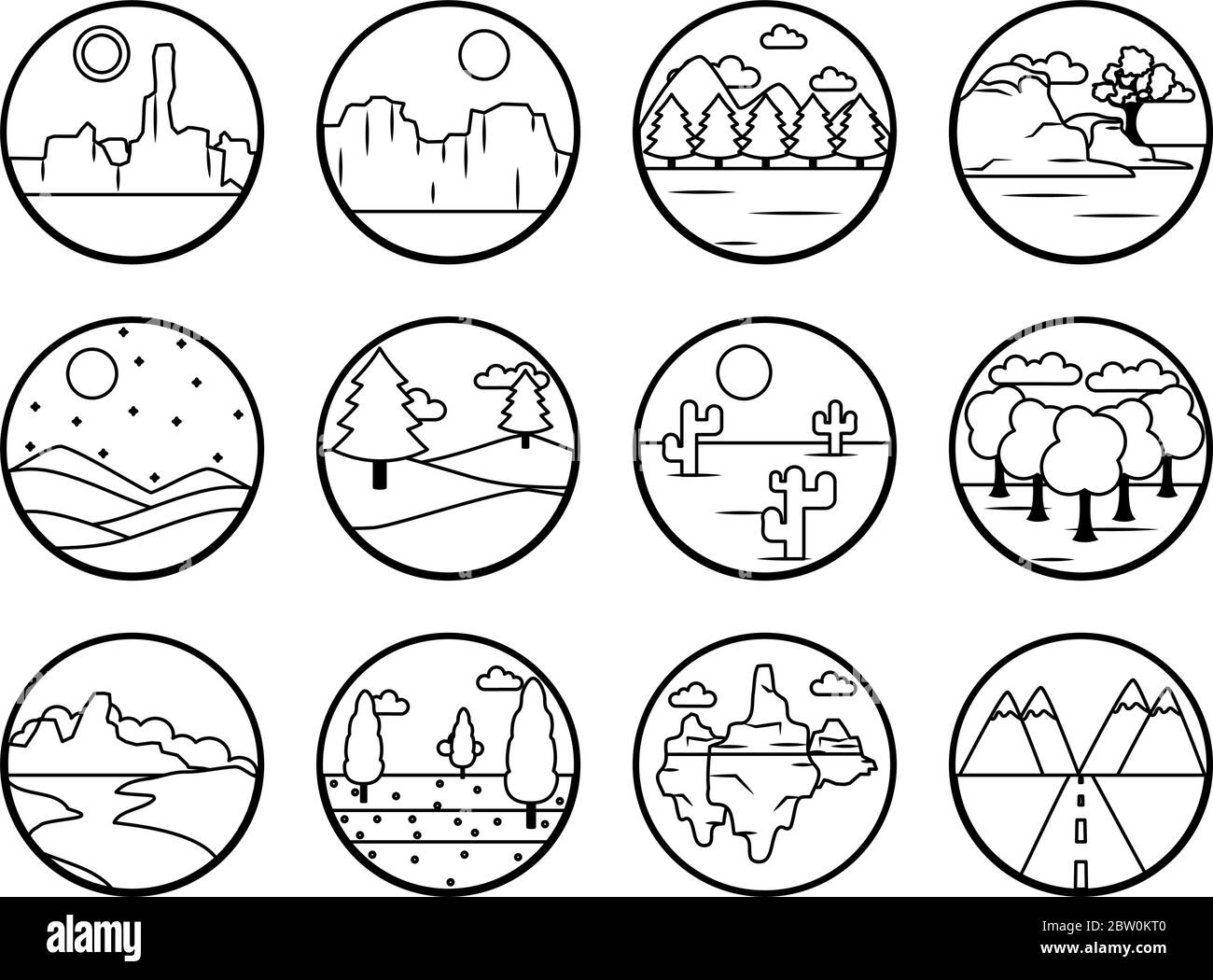 mountains and Landscapes icon set over white background, line style ...