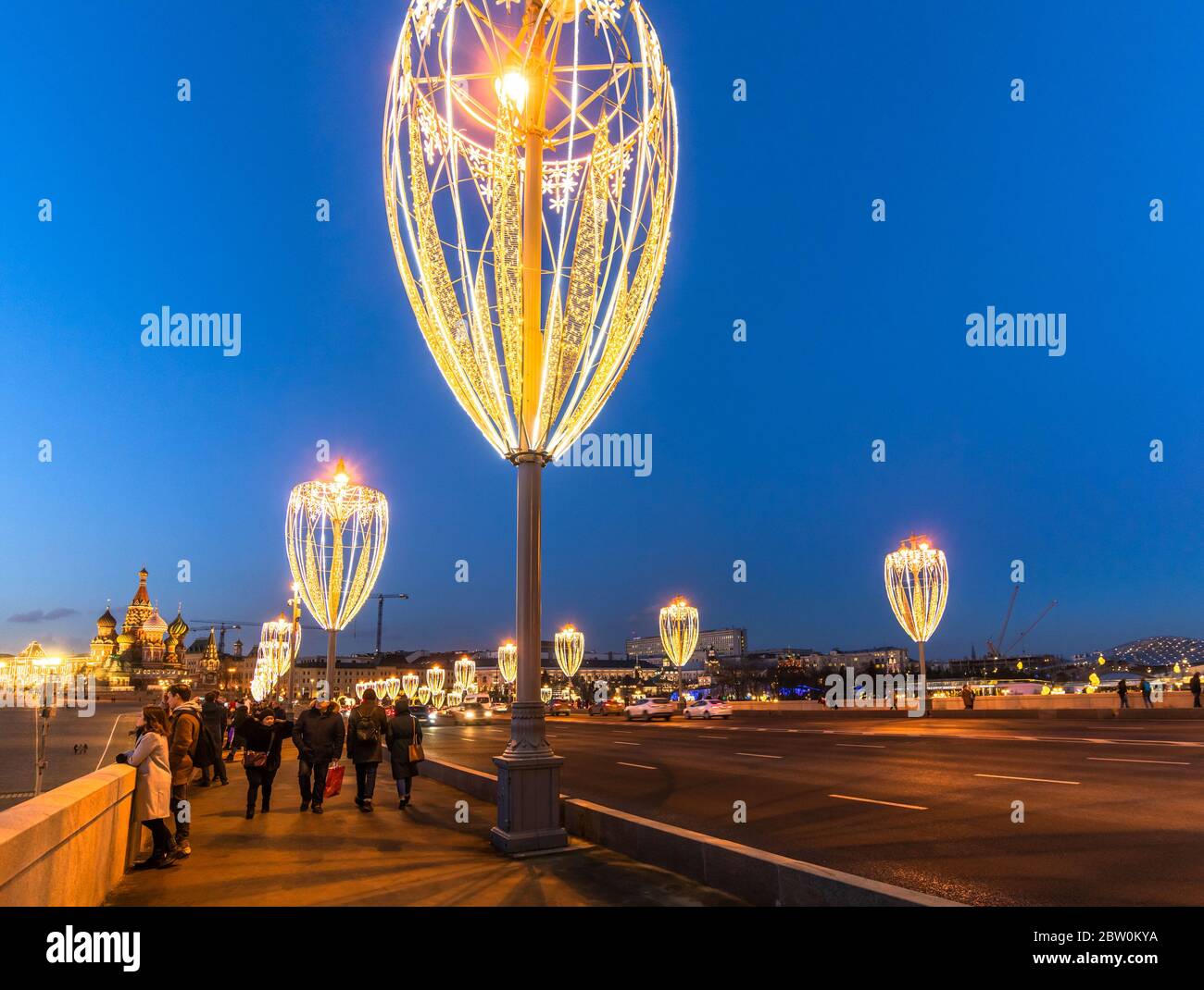Moscow, Russia - Feb 21. 2020. Beautiful lanterns on Bolshoy Moskvoretsky bridge Stock Photo
