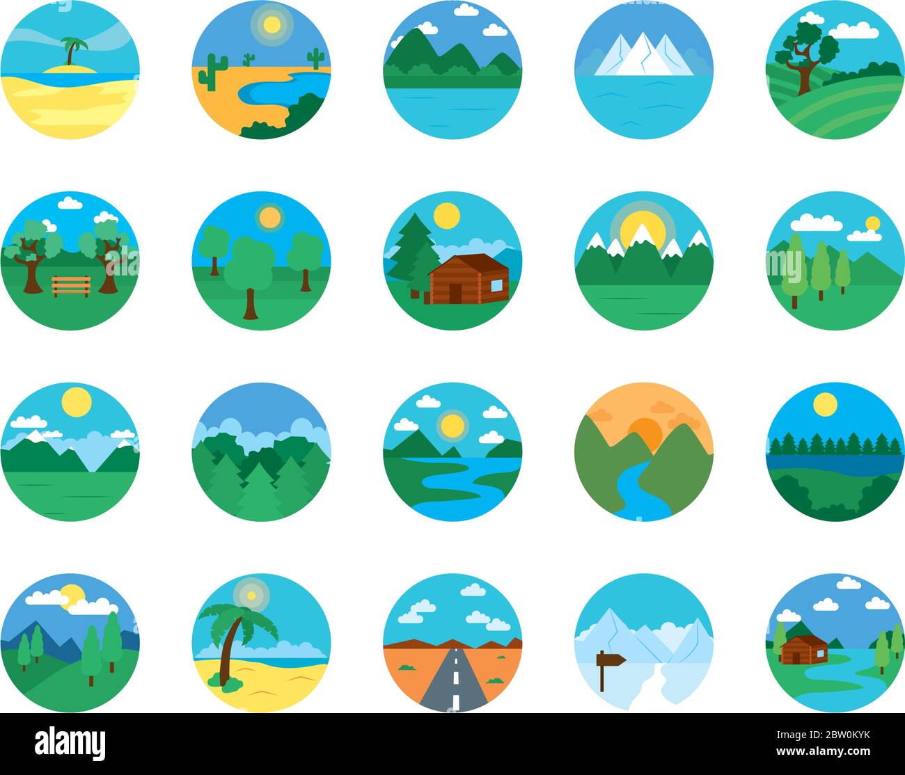 wooden cabins and landscapes icon set over white background, flat style ...