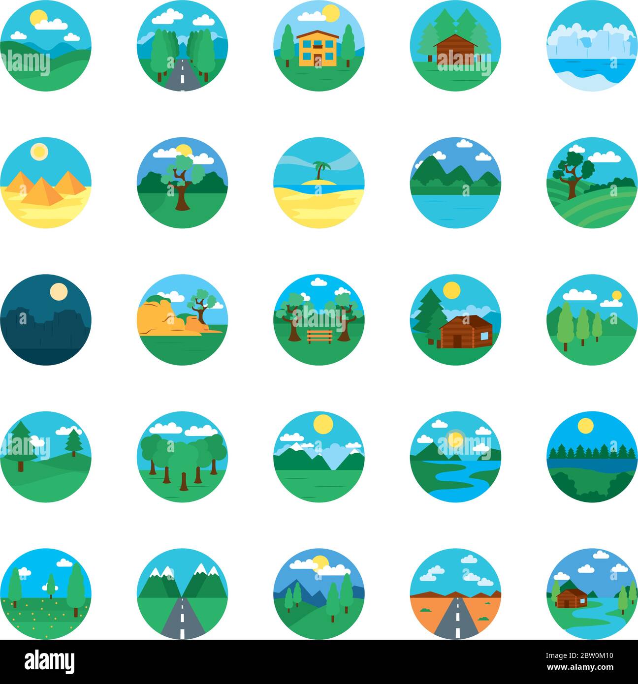 forest and landscape icon set over white background, flat style, vector ...