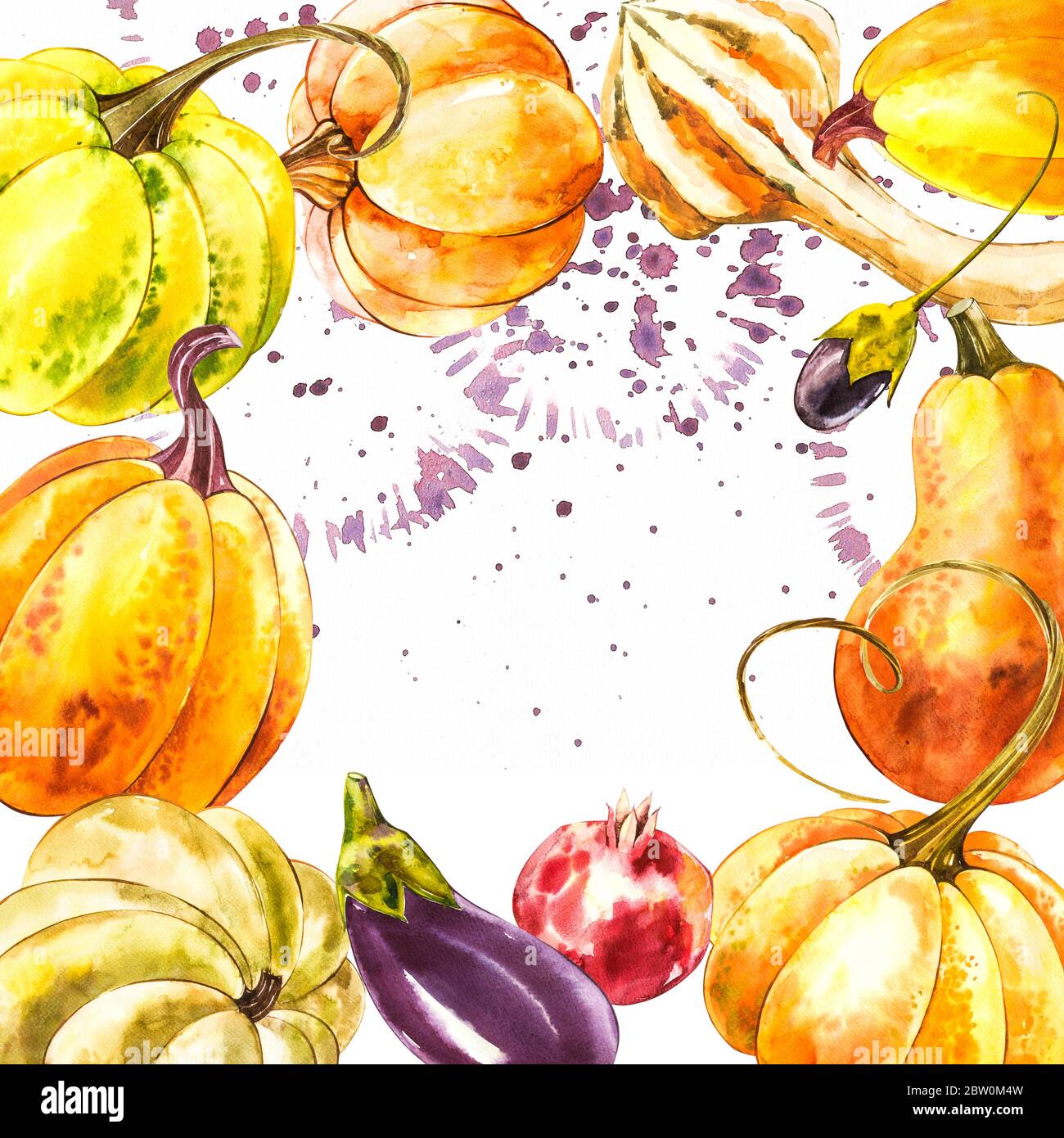 Autumn leaves and pumpkins border frame with space text on white ...