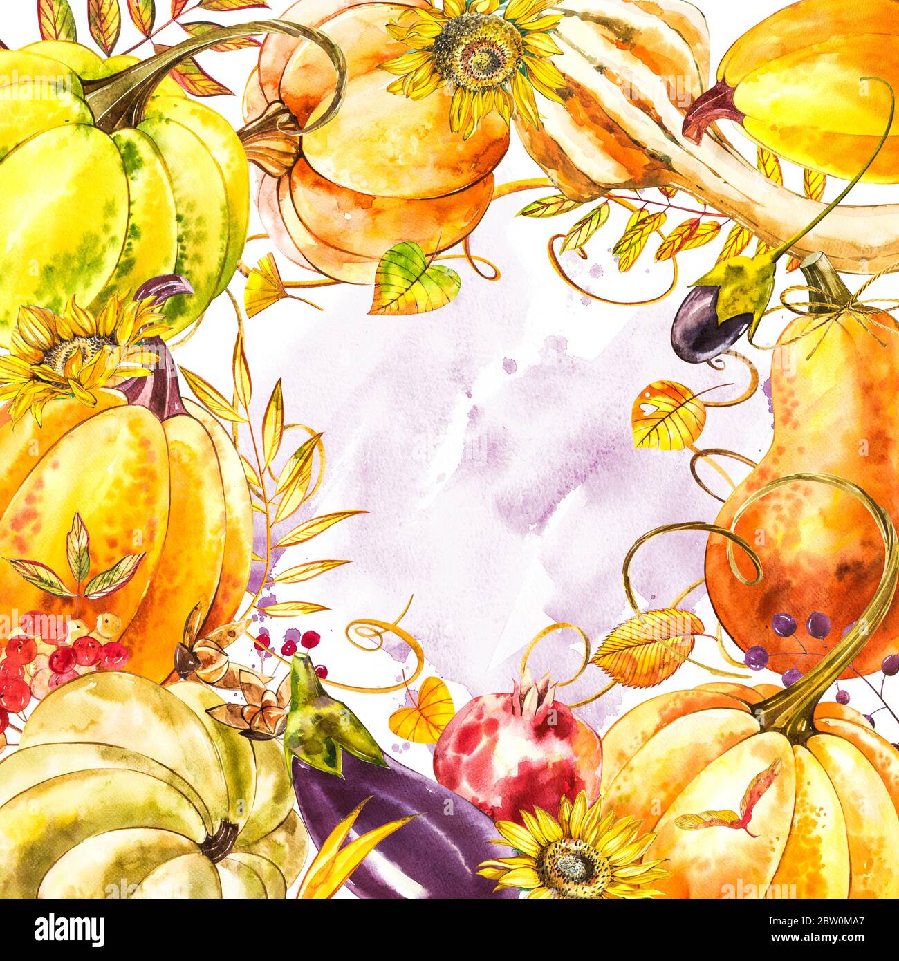 Autumn leaves and pumpkins border frame with space text on white ...