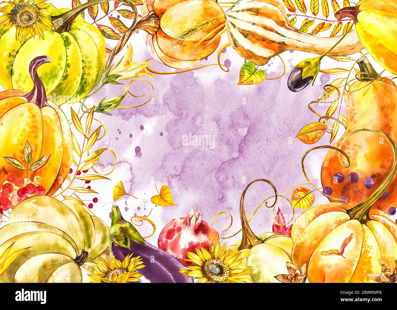 Autumn leaves and pumpkins border frame with space text on white ...