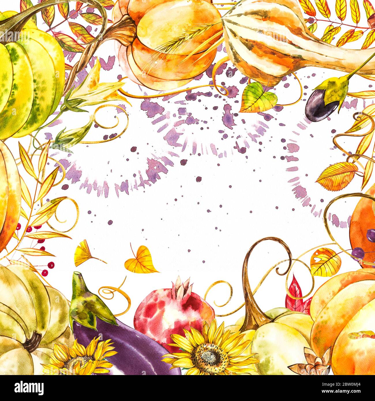 Autumn leaves and pumpkins border frame with space text on white ...