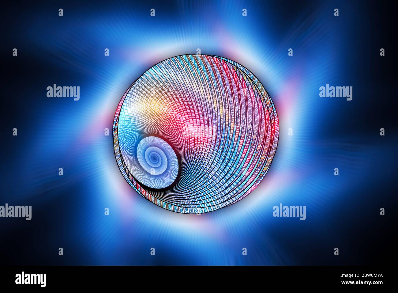 Colorful spiral fractal with glowing spinning corona, computer generated abstract background, 3D rendering Stock Photo