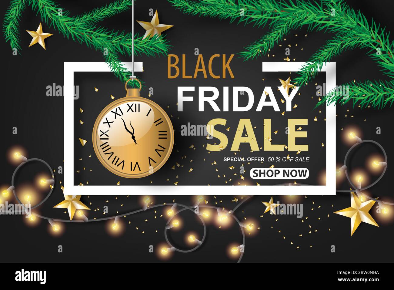 Black Friday Sale with dark black tone color background.Design frame for cards gift.Graphic paper cut and craft.Holiday winter shopping Ancient clock Stock Vector