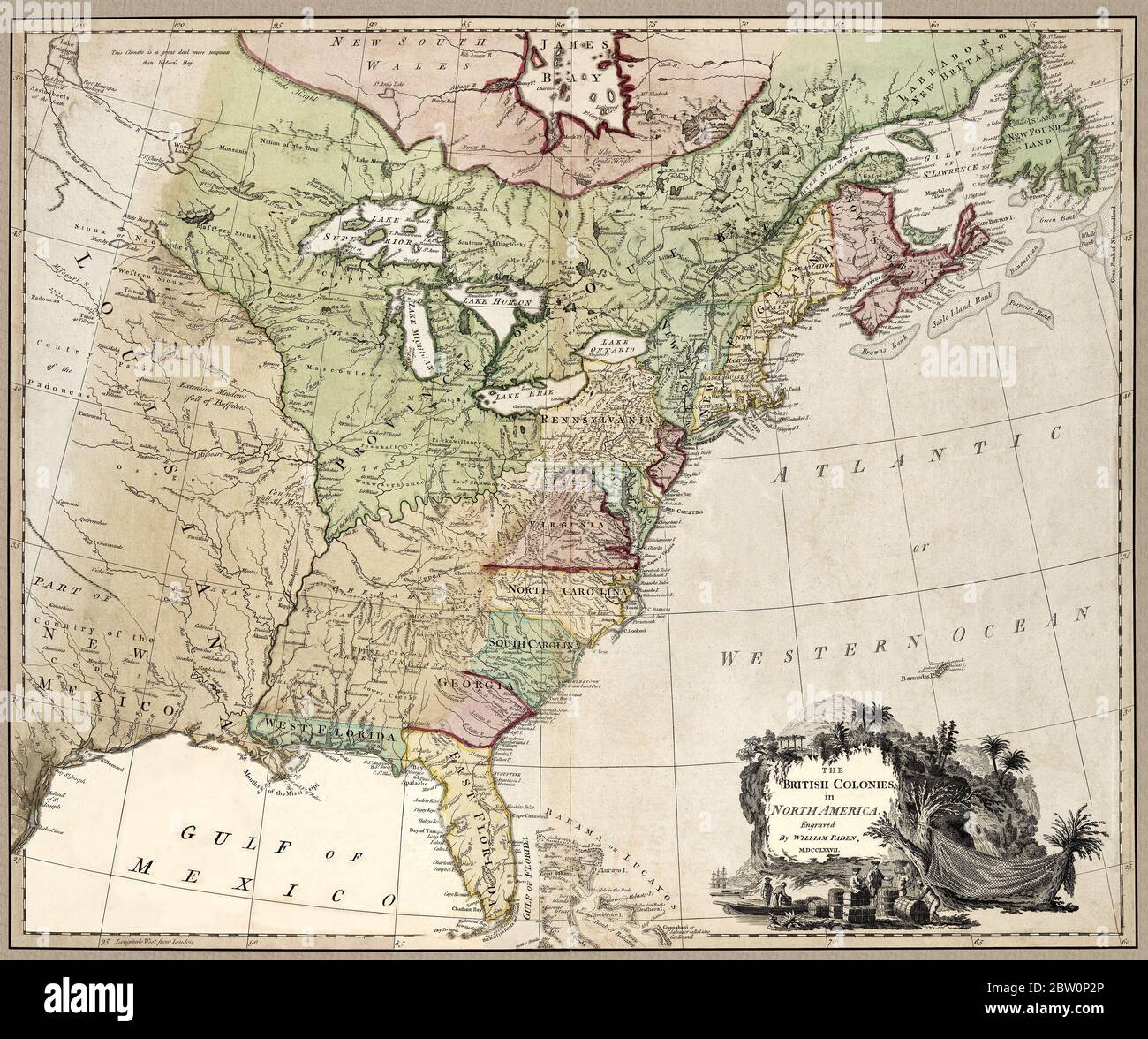 'The British colonies in North America.' Map shows important landmarks of the North American continent at about the time of the American Revolution. The British had 15 colonies at about that time in North America--not 13. Note that the 14th and 15th British North American Colonies are included: West Florida and East Florida. The New England colonies are clustered together under the name New England. Map also notes Indian areas. This is a beautifully detailed historic map reproduction. Original from a British atlas published by famed cartographer William Faden was created circa 1777. Stock Photo