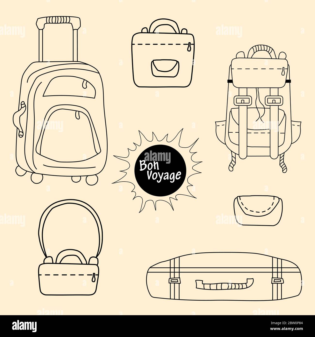 Traveling things for travel and city. Different types of a suitcase on wheels, a closed one, a backpack, small women bags, a purse, a cosmetic bag Stock Vector