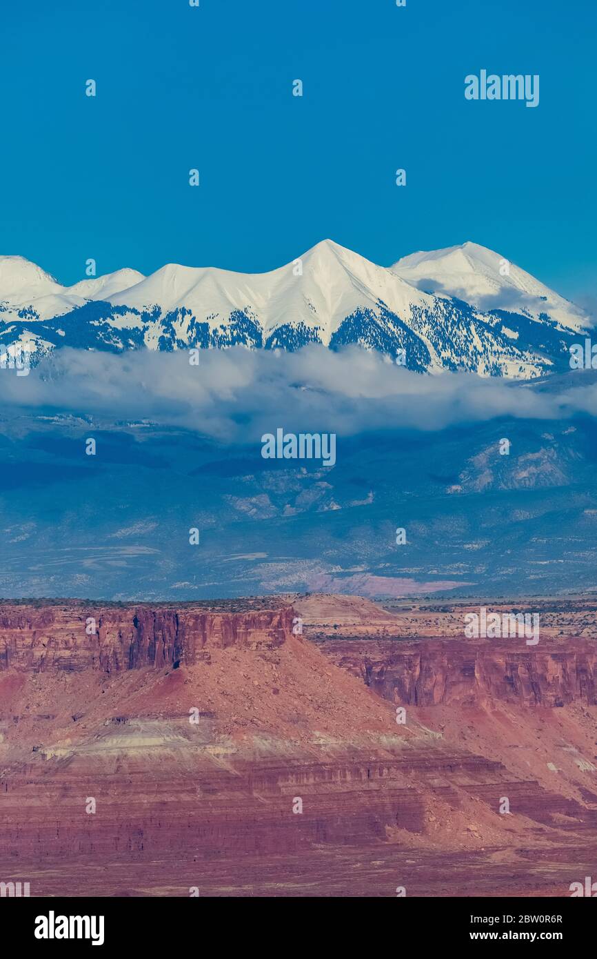 La Sal Mountains on a clear autumn day viewed from Island in the Sky in Canyonlands National Park, Utah, USA Stock Photo