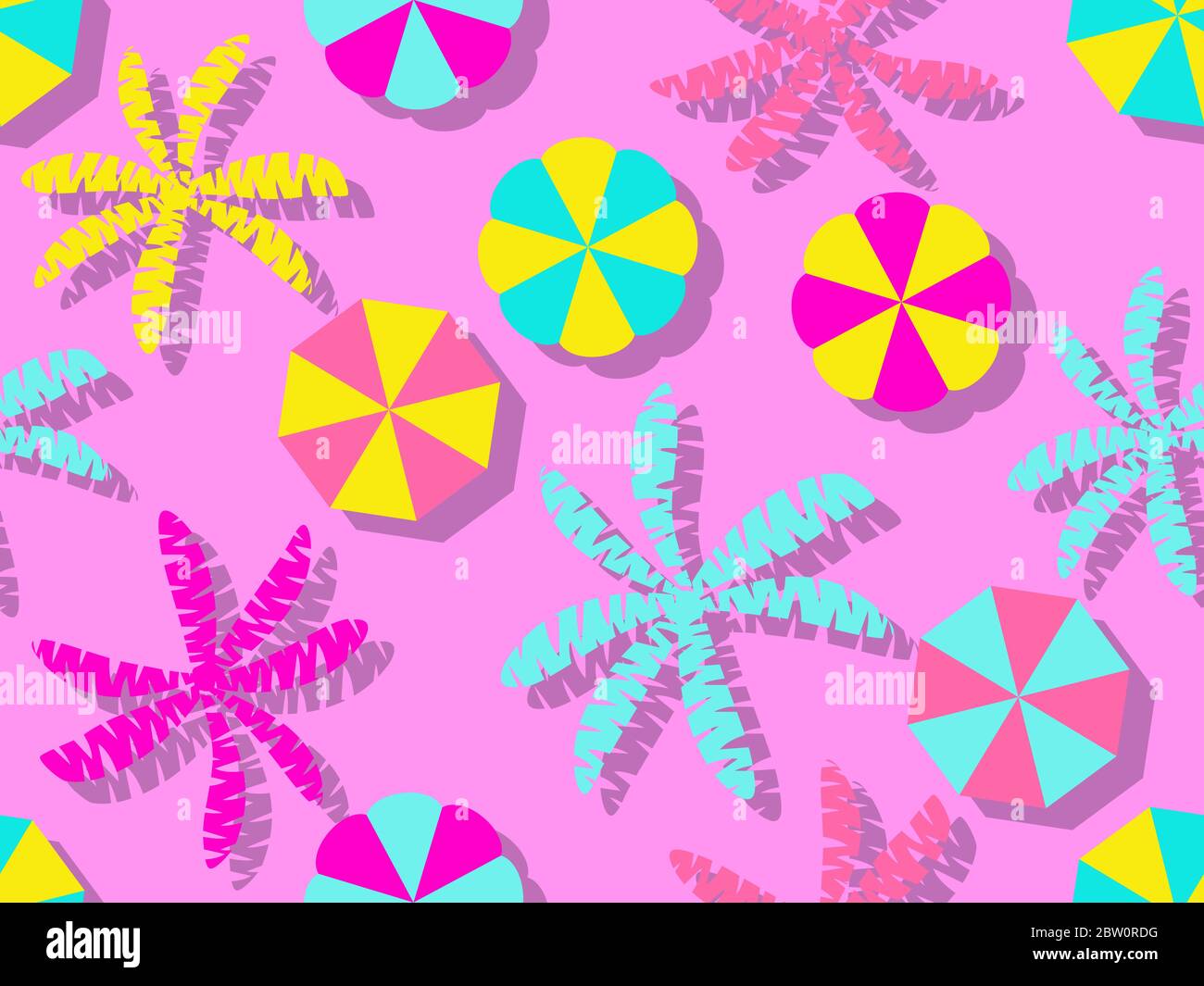 Seamless pattern with beach umbrellas and palm trees on pink background. Beach holidays top view. Summer background for brochures, promotional materia Stock Vector