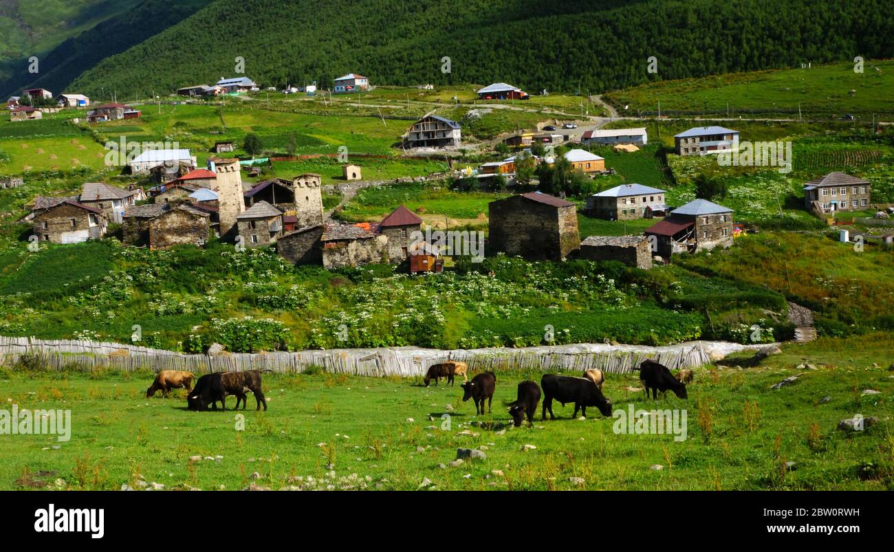The ancient highland village of Ushguli in the upper Svaneti region of Georgia. Stock Photo