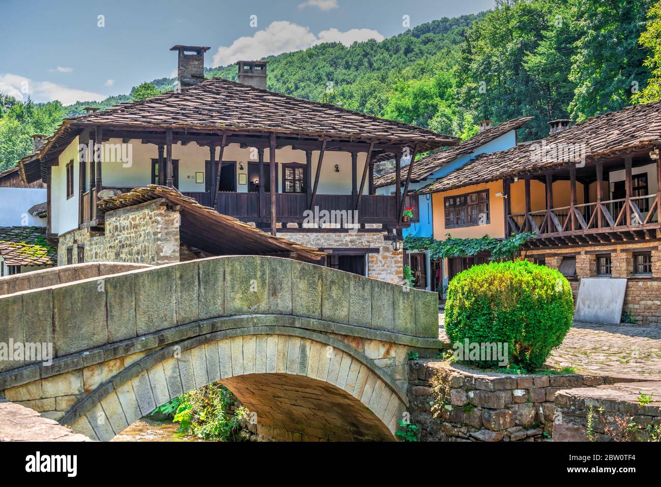Stone bridge in the Etar Architectural Ethnographic Complex in Bulgaria on a sunny summer day Stock Photo