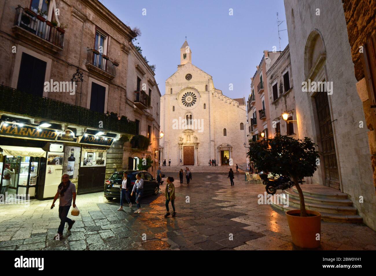 Bari Cathedral façade at twilight, Italy Stock Photo