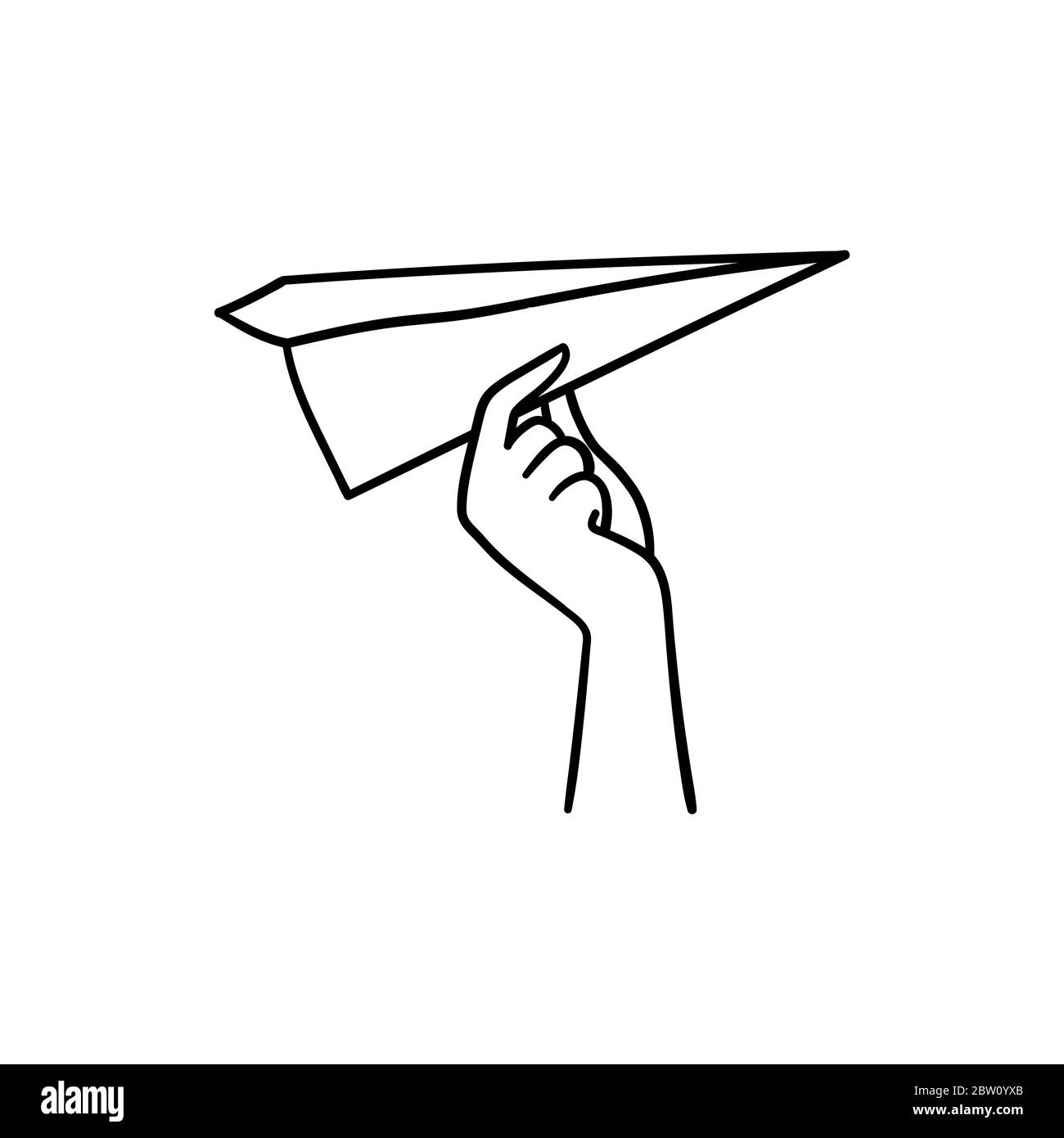 Doodle style hand holding paper plane and trying to launch it - isolated vector illustation on white background Stock Vector