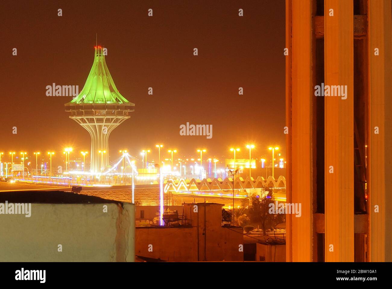 Tower and lights at night in Al Kharj, Kingdom of Saudi Arabia, Middle East. Photo taken on July 26, 2015. Stock Photo