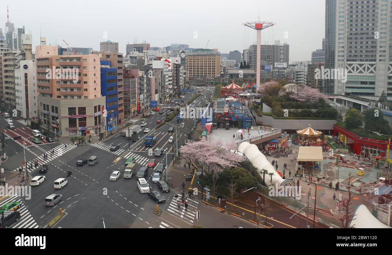 Arial view of Tokyo Dome City amusement arcade and small theme park. Tokyo, Japan Stock Photo