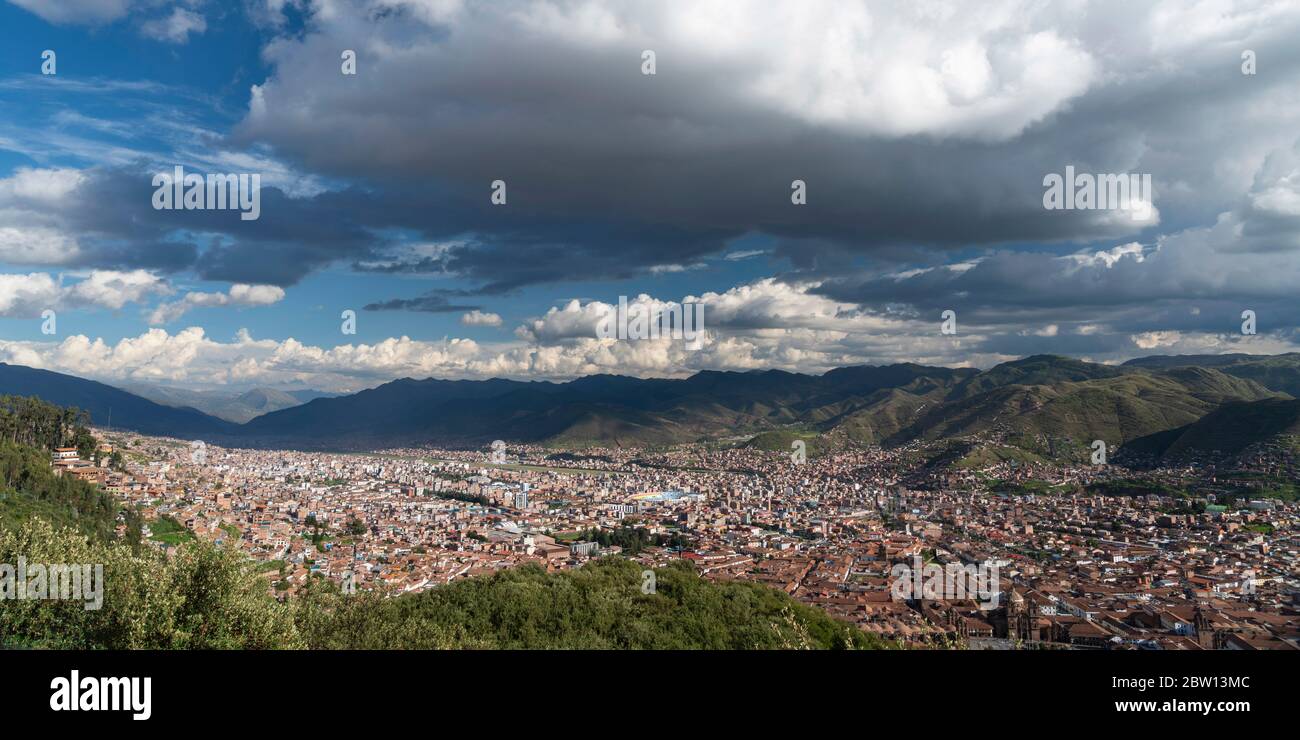 High angle panorama view of Cusco, Peru with soccer stadium and airport runway. Stock Photo