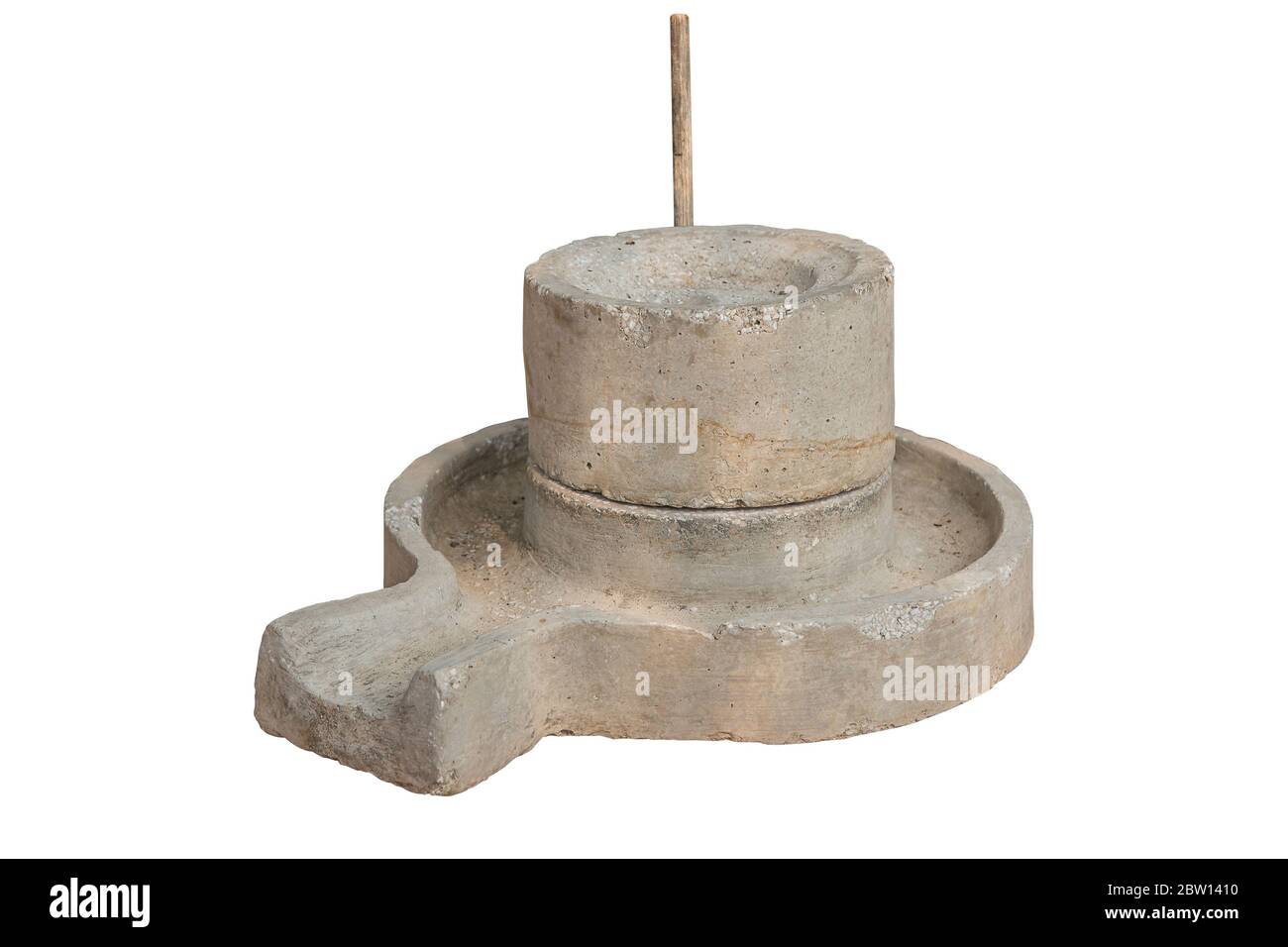 Ancient manual stone mill isolated on white background, work with