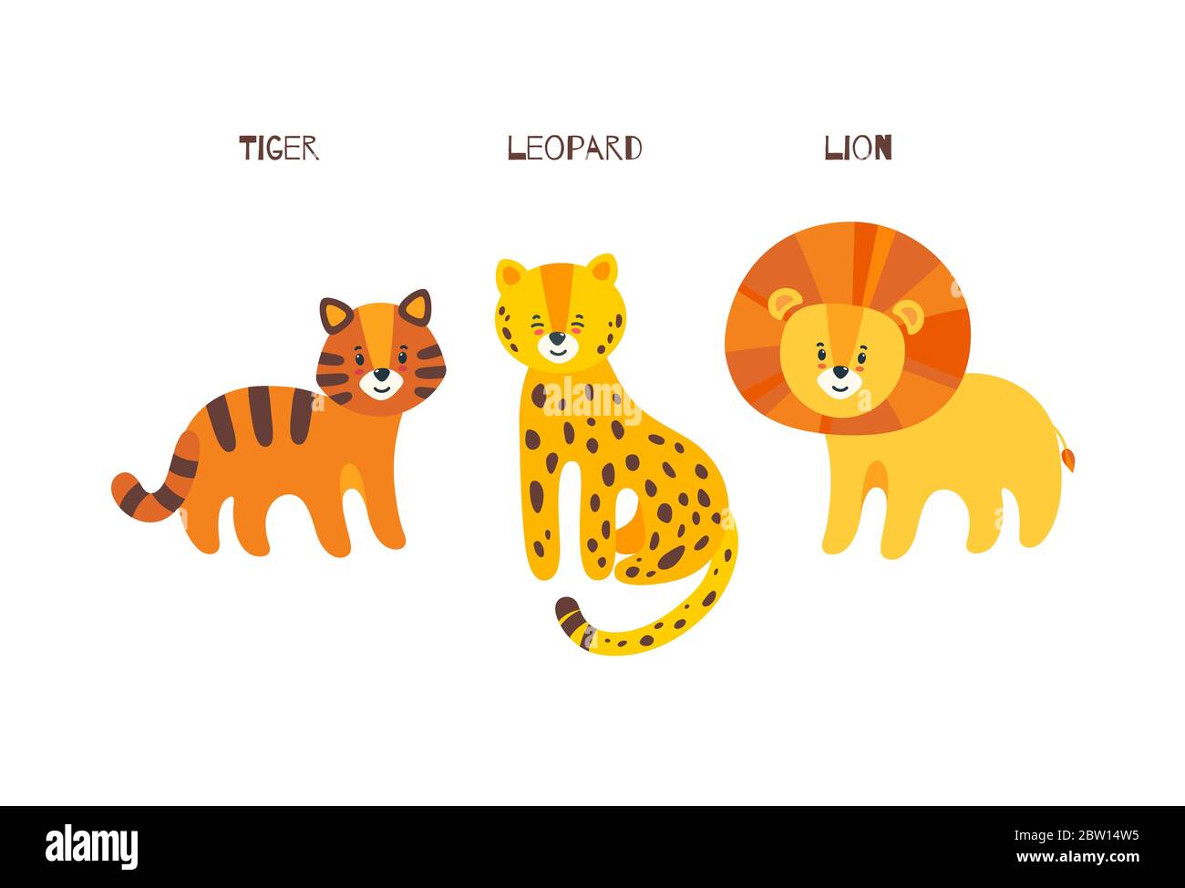 Big cats trio. Leopard, tiger and lion in one vector illustration. Portrait of big cats family Stock Vector