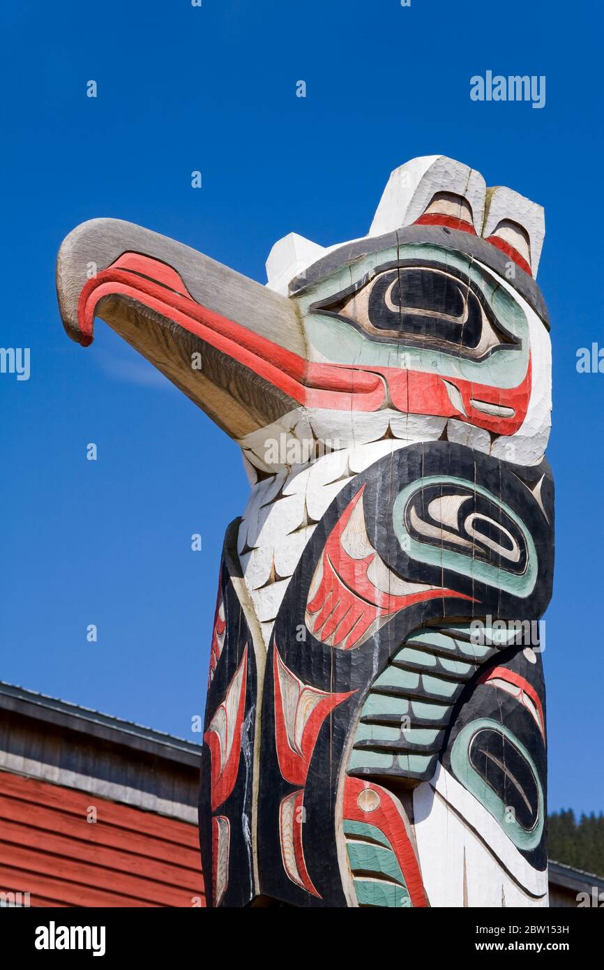 Totem pole in Hoonah City, Chichagof Island, Southeast Alaska, USA