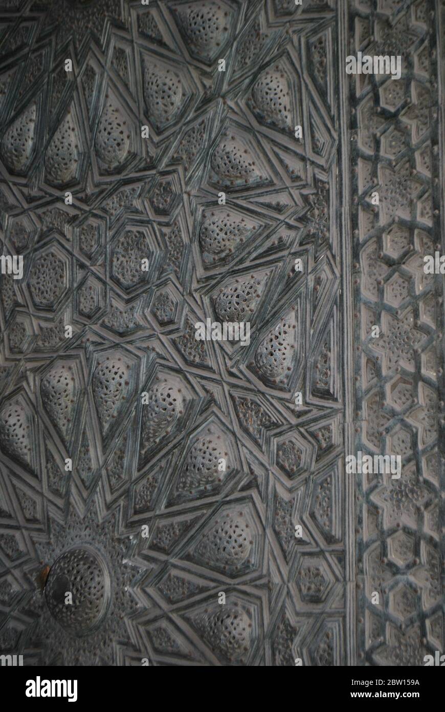 carved door, Complex of Sultan Qalawun, Islamic Cairo, Cairo, Egypt Stock Photo