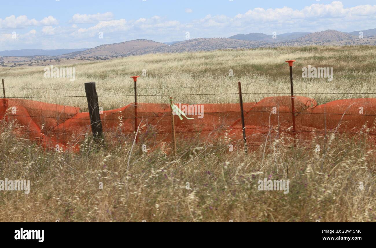 Vast fields of grazing pasture, with the Sierra Nevada Mountains in the distance, framed by fencing Stock Photo