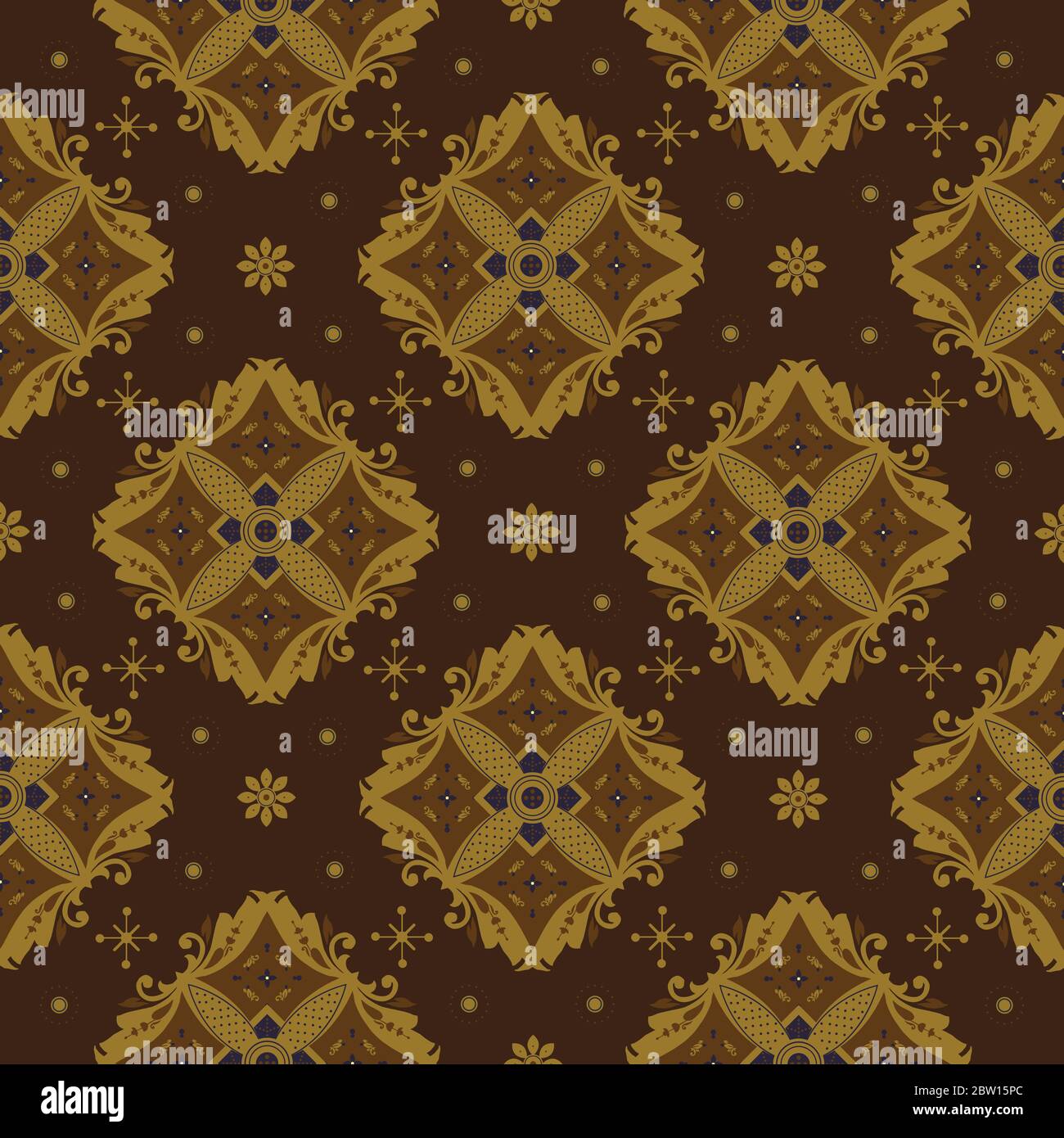 Modern Flower Motifs Art Work On Kawung Batik Design With Simple Golden Brown Color Design Stock