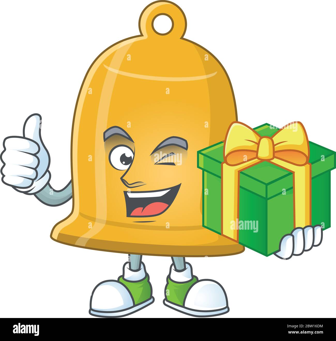 Happy smiley bell cartoon mascot design with a gift box Stock Vector ...