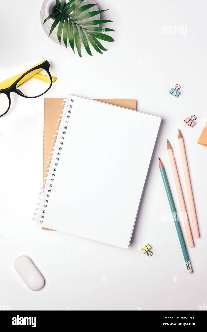 Freelancer Workplace Top View Stay At Home Work And Study Online Notepad Stationery Light Background Flat Lay Stock Photo Alamy