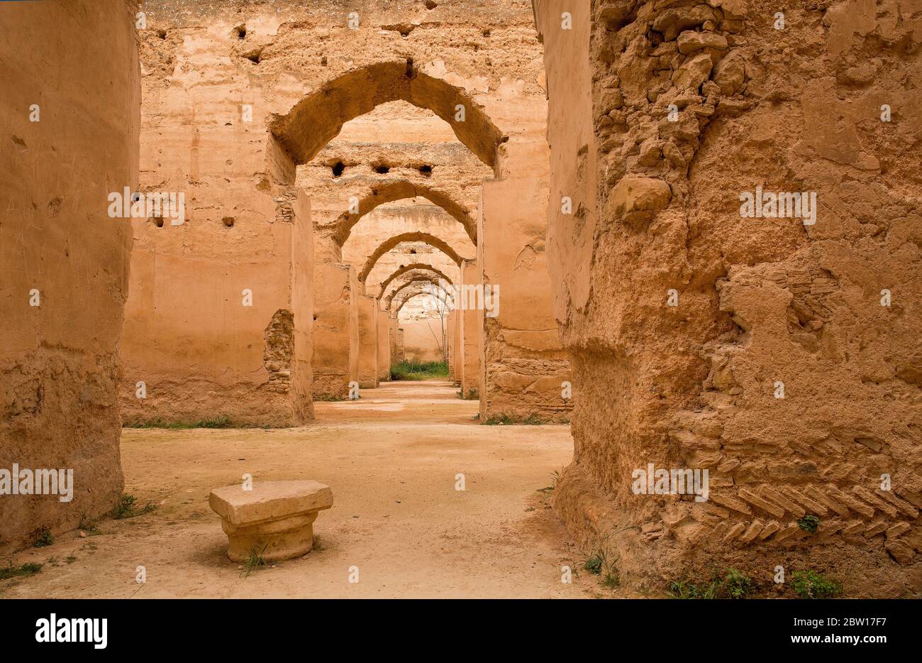 Ancient ruins of Royal Stables and Granaries in Meknes, Morocco, used to provide stabling for 12,000 royal horses. A UNESCO world heritage site. Stock Photo