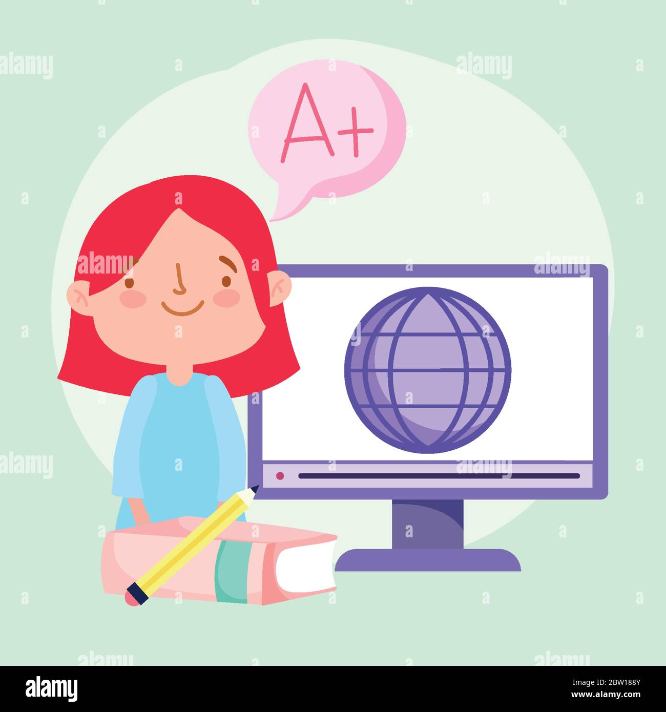 online education student little girl with computer world book vector ...