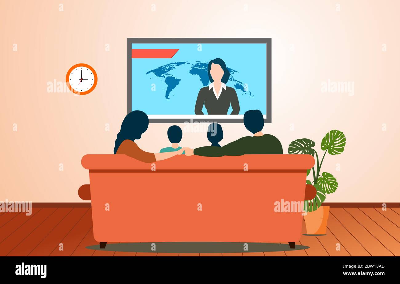 Family  watching TV daily news program sitting on the sofa at home in room. Stock Vector