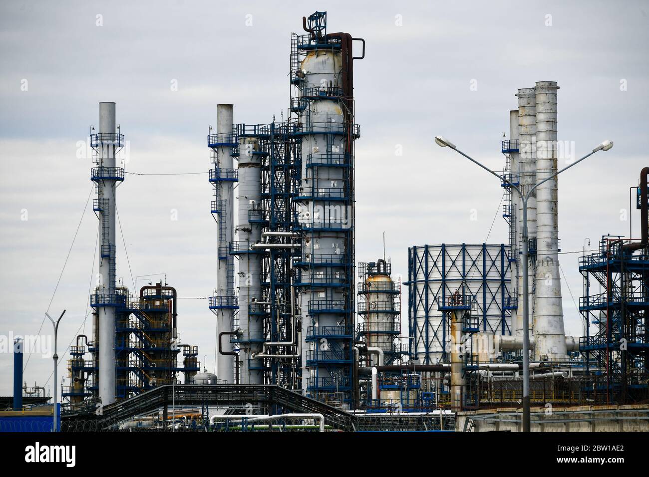 Moscow, Russia. 2nd May, 2020. Pipes of the Moscow Oil Refinery in the Chagino-Kapotnya industrial zone in Moscow, Russia. Stock Photo